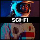 Banner for the Boondock Traders & Co. Streetwear, clothing and apparel brands line of clothing that is inspired by Science Fiction. The image is of a black man wearing a space helmet in a white space suit lit by red and blue lighting.